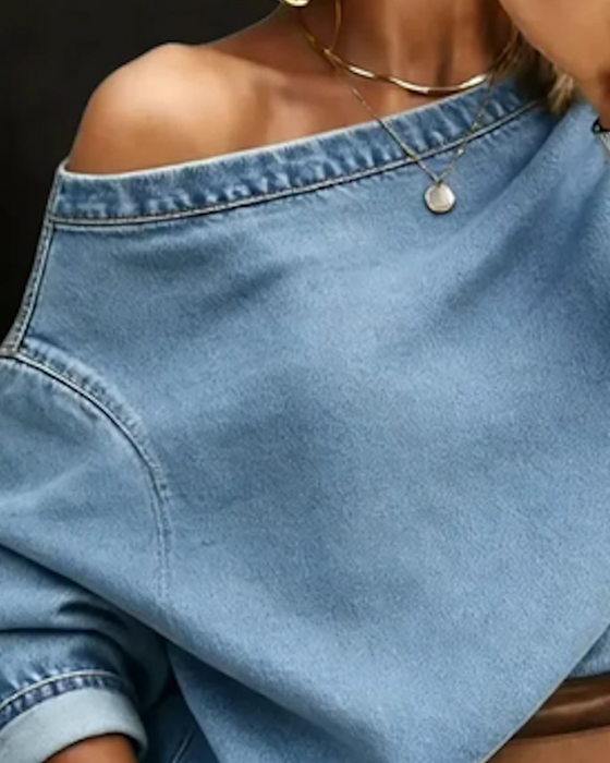 Haut Hors Épaule Lâche Denim Manches Longues