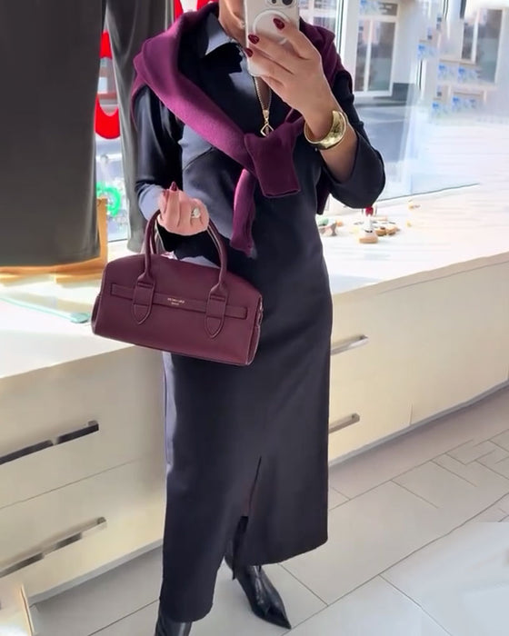 Robe Col Revers Fente Fermeture Éclair Manches Longues