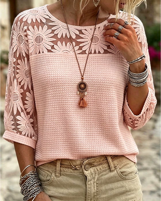 T-Shirt Col Rond Dentelle Gaufrage Patchwork