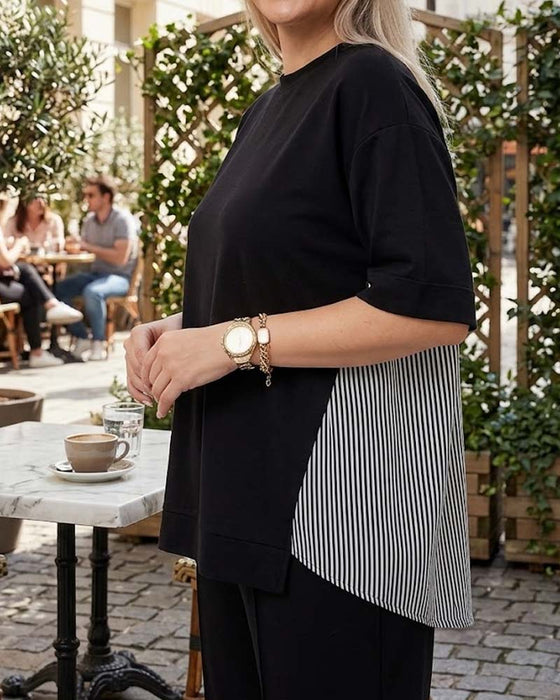Blouse décontractée patchwork à fines rayures