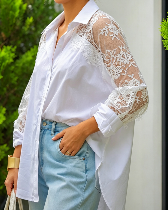 Blouse Dentelle Patchwork Revers Manche Longue