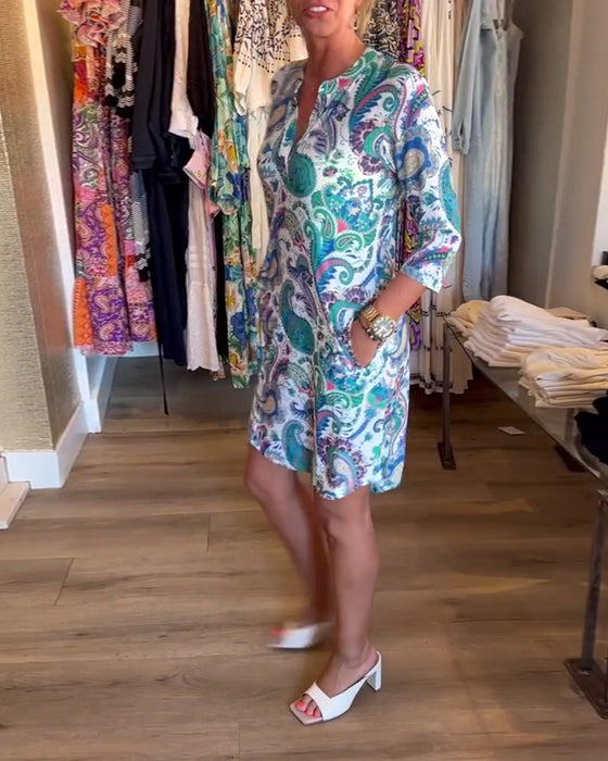 Robe à poche et col en V imprimé cachemire