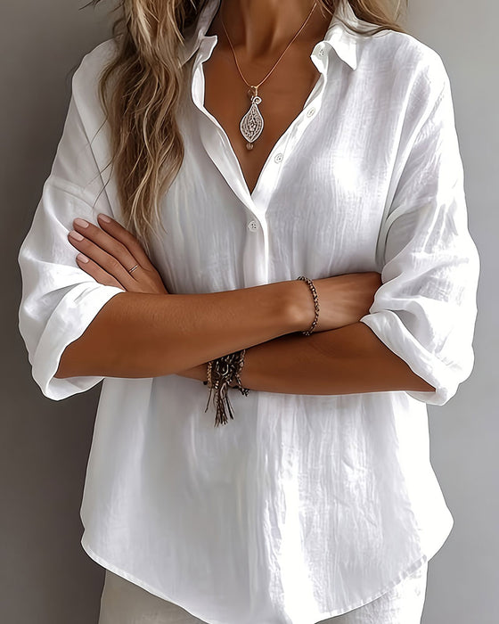 Blouse Unie Col Patte Demi-Patron Manches Longues