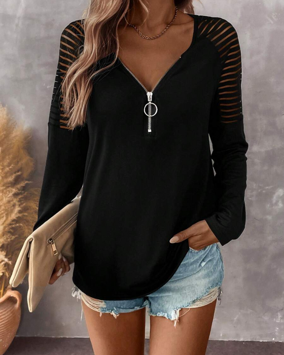 Top Avec Détail de Cordonnerie, Design À Manches Longues Et Style À Couleur Unie