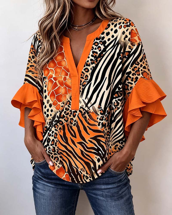 Blouse Zèbre Léopard Imprimé Volant Manche