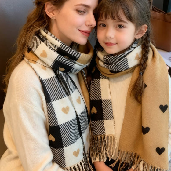 Cozy Heart Plaid Scarf – Écharpe Douce D'hiver Pour Filles Ou Couples