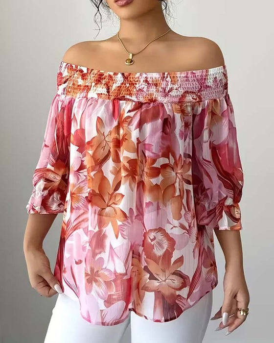 Blouse Off-Épaule Imprimé Manche Bouffante