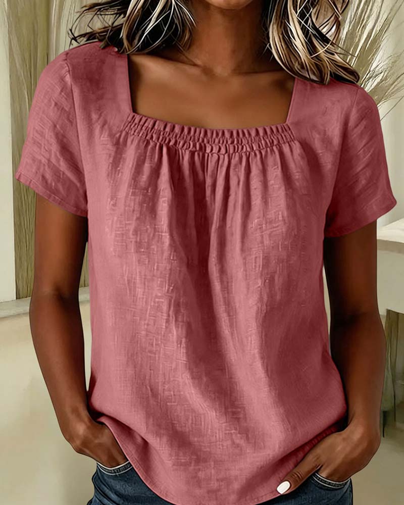 Blouse Col Carré Froncé Manche Courte