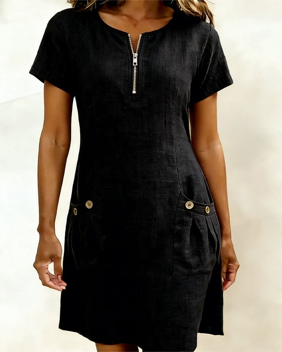 Robe Fermeture Éclair Poche Coton Lin