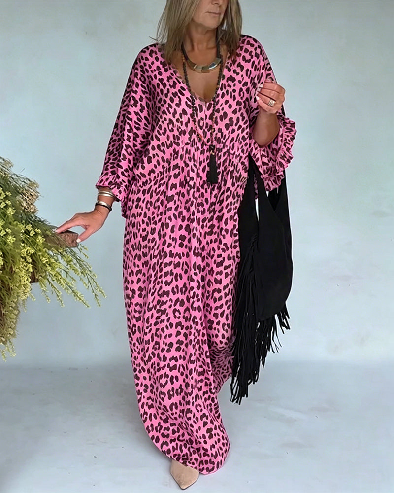 Robe Col En V Imprimé Léopard Coupe Loose Décontractée