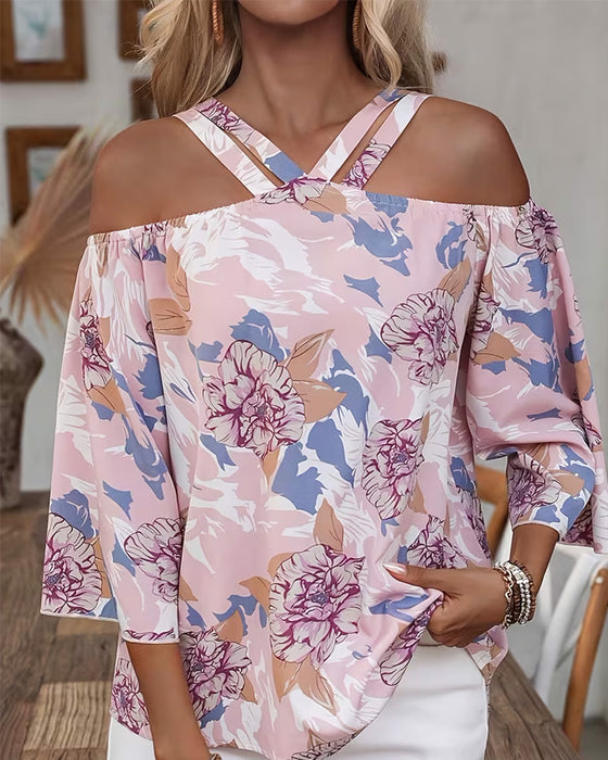 Blouse Florale Croix Off-Épaule