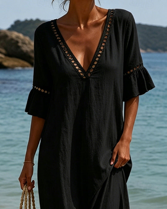 Robe Profond V Volant Manche Évidé Dentelle