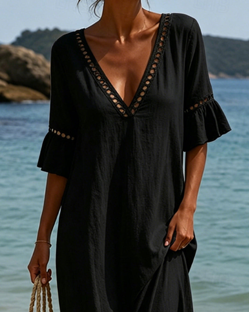 Robe Profond V Volant Manche Évidé Dentelle