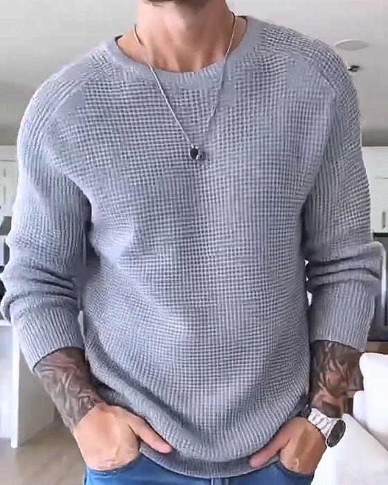 Pull-Over Homme Col Rond Gaufré Manches Longues