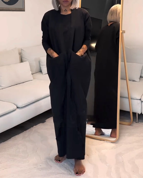 Robe plissée à lacets de couleur unie à la mode avec col rond