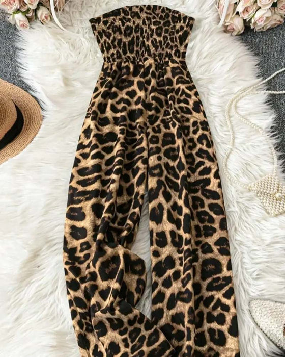 Jumpsuit Sans Bretelles Léopard Imprimé Jambe Large Cintré