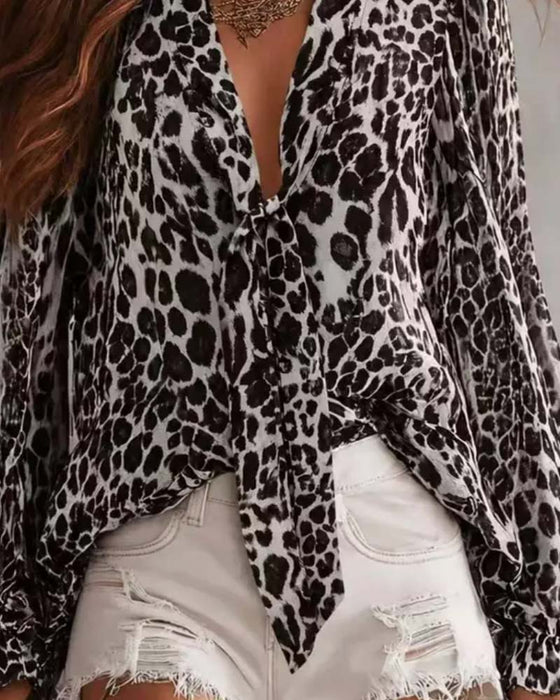 Chemise Col‑v Léopard Transparent Manches‑longues
