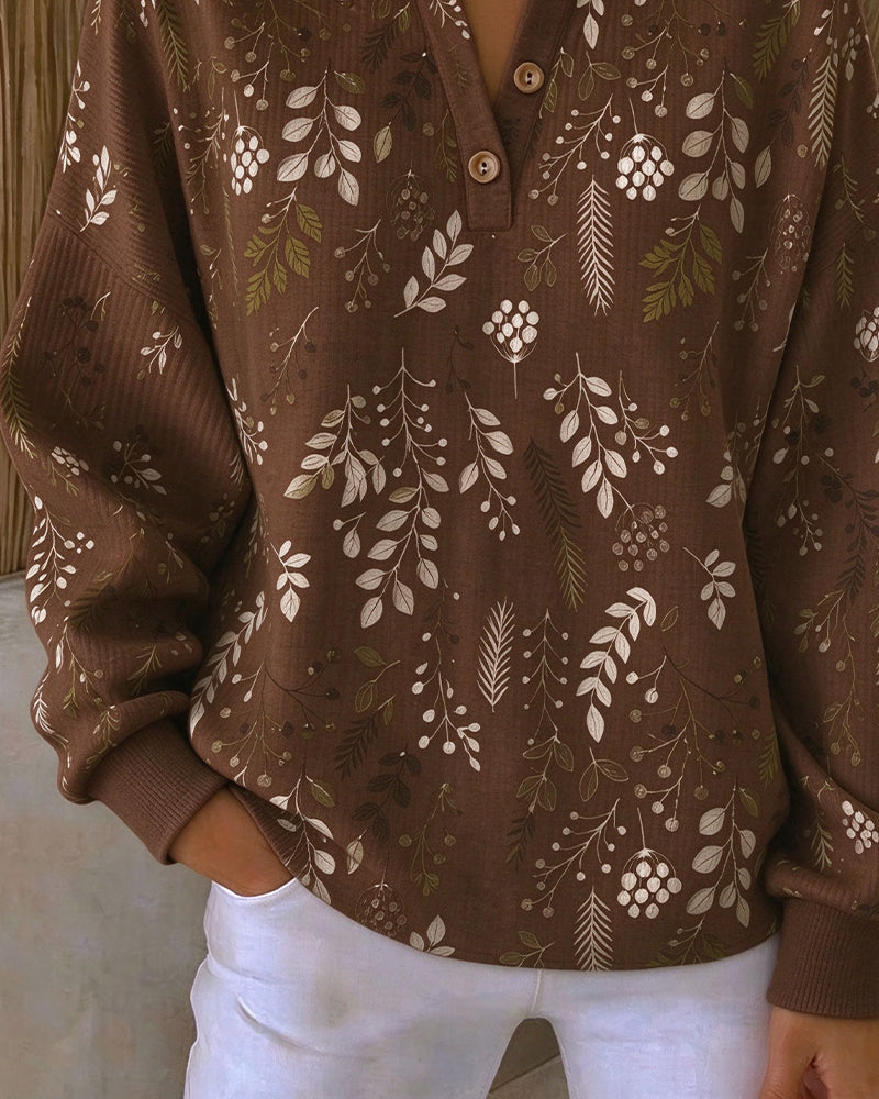 Sweatshirt Gaufré Col Henry Imprimé Floral