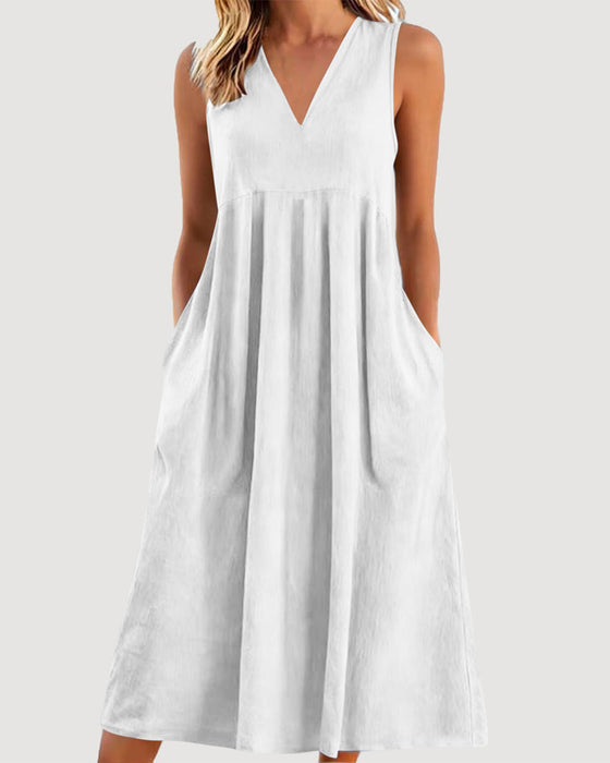 Robe Unie Col V Sans Manches