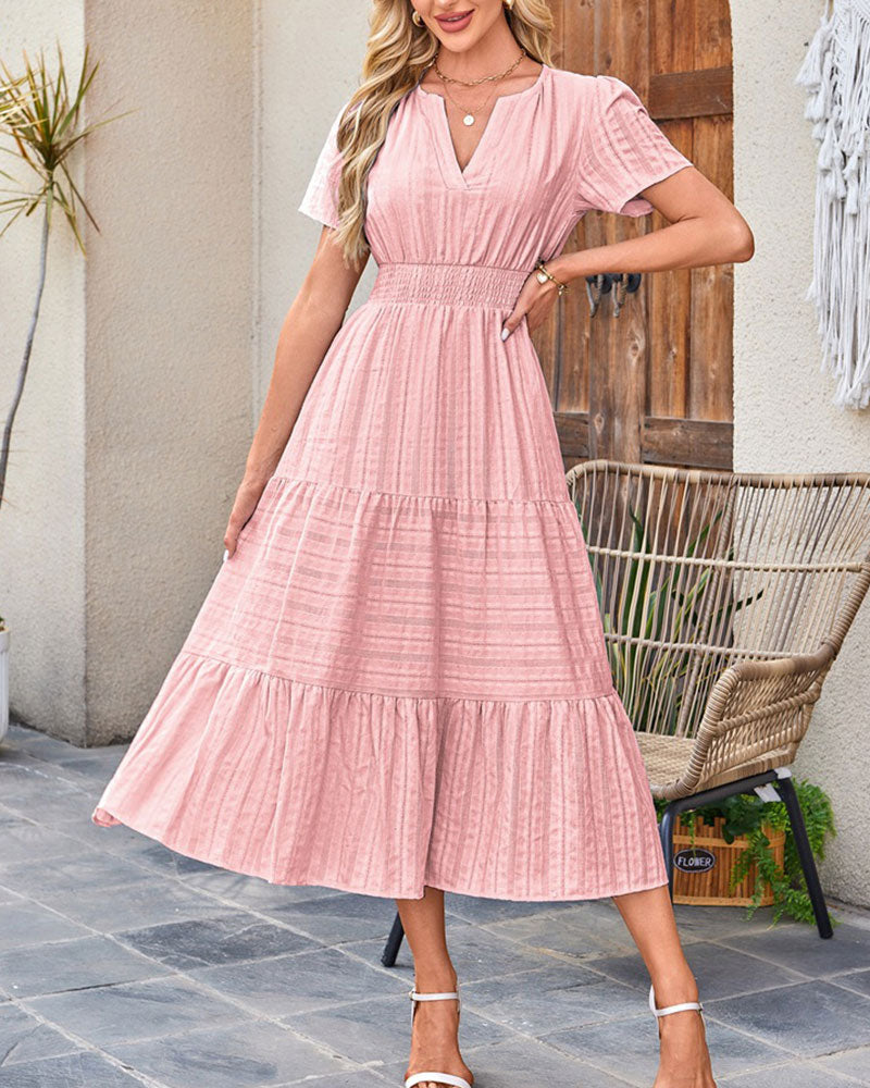 Robe Col En V Froncé Manche Bouffante Manches Courtes