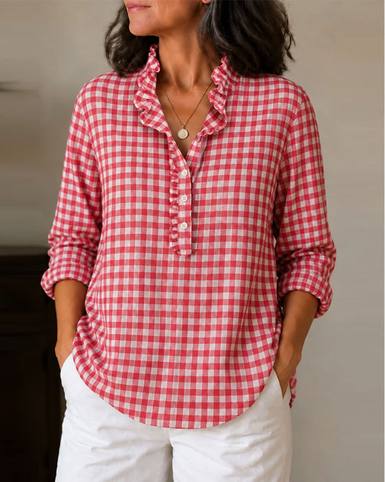 Blouse Bordure Volantée Col Mandarin Plaid