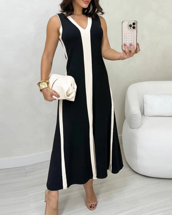 Robe À Bloc De Couleur Sans Manches Fendue Maxi
