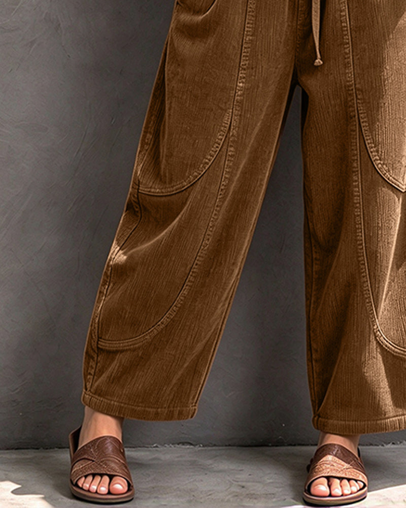 Pantalon Taille Élastique Bloc De Couleur Coupe Courte Jambe Large