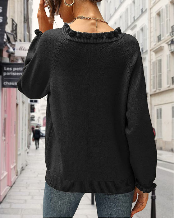 Pull décontracté de couleur unie avec bouton à revers et volants