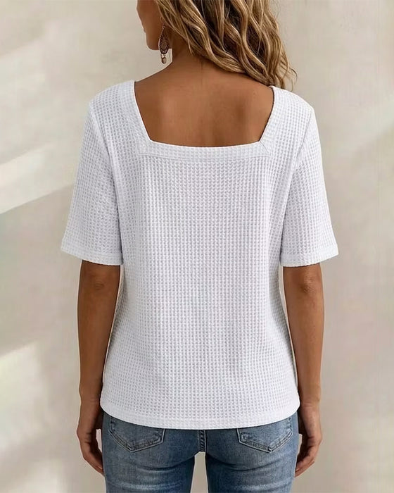 T-Shirt Col Carré Bouton Gaufré