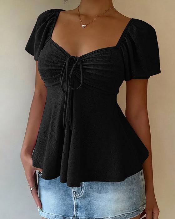 Blouse Ajourée Cordon Manches Courtes Unie