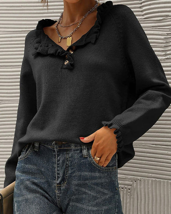 Pull décontracté de couleur unie avec bouton à revers et volants