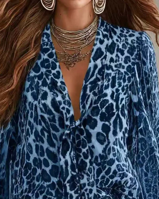 Chemise Col‑v Léopard Transparent Manches‑longues