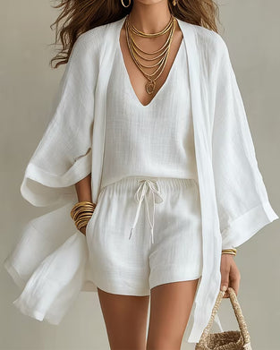 Ensemble Trois Pièces Col En V Débardeur Cardigan Short