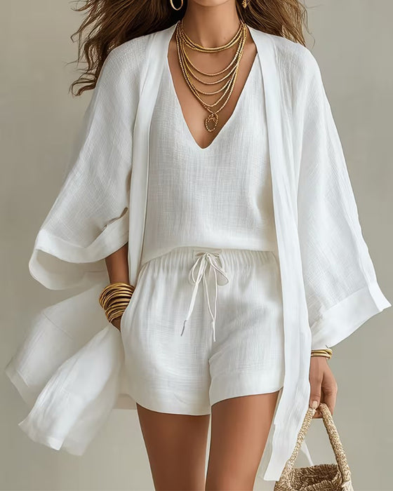 Ensemble Trois Pièces Col En V Débardeur Cardigan Short