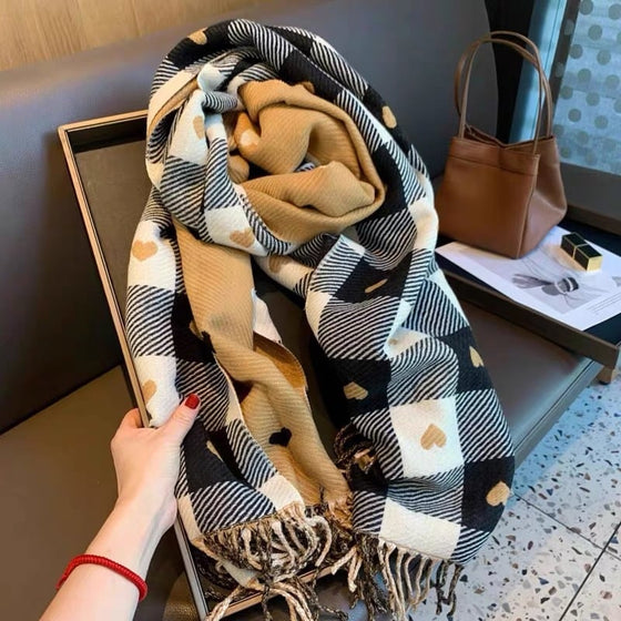 Cozy Heart Plaid Scarf – Écharpe Douce D'hiver Pour Filles Ou Couples