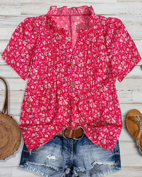 Blouse Col En V Bouton Imprimé Floral