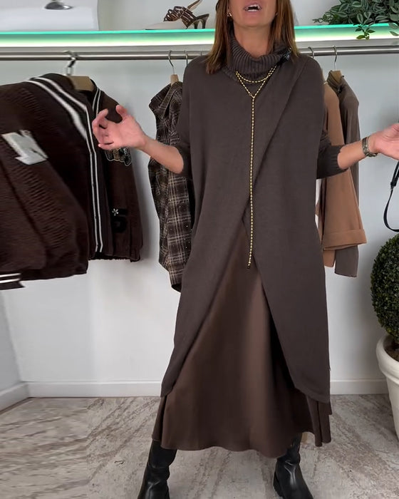 Pull tendance couleur unie à col montant et fente