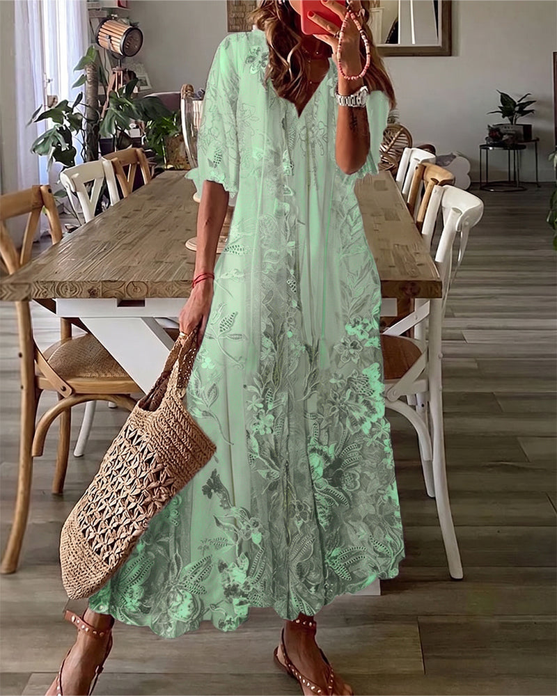 Robe Col En V Fleurie Volant Jupe Ample
