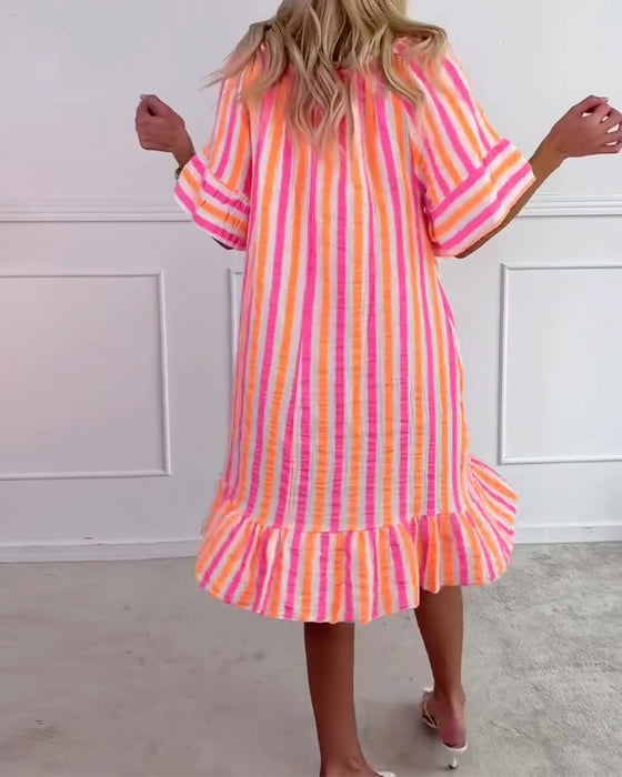 Robe Col Rond Rayée Plissée Coupe Droite