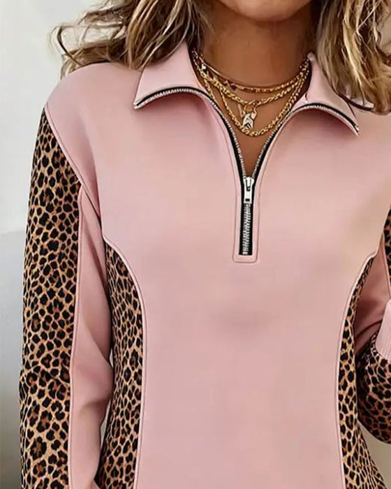 Sweat-Shirt Imprimé Léopard Demi-Zip Revers