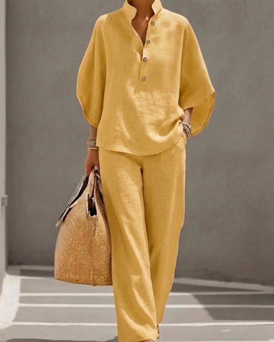 Ensemble Col Monté Manche Chauve-Souris Large Jambe Pantalon