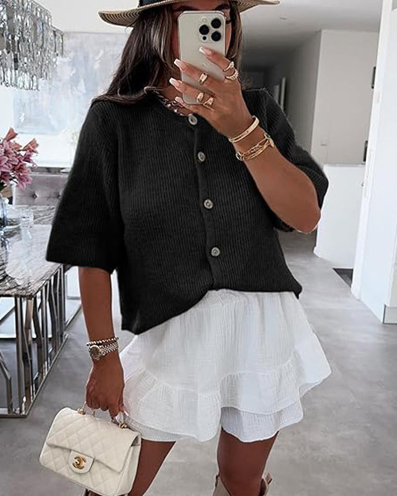 Pull Cardigan Unie Boutonnage Devant Manches Courtes