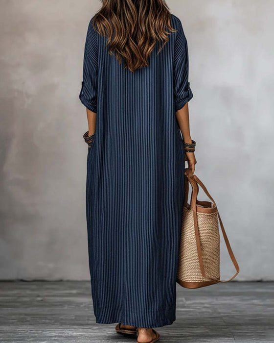Robe Col En V Rayée Col Mock