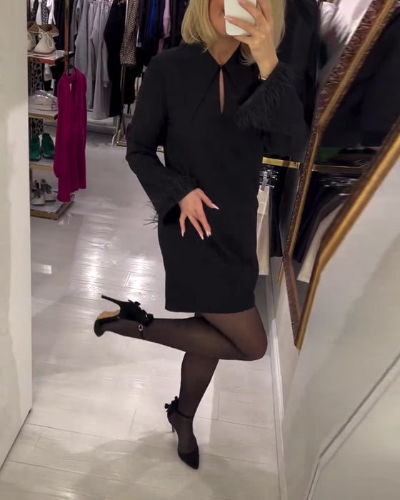 Robe Couleur Unie Coupe Droite Manches Longues