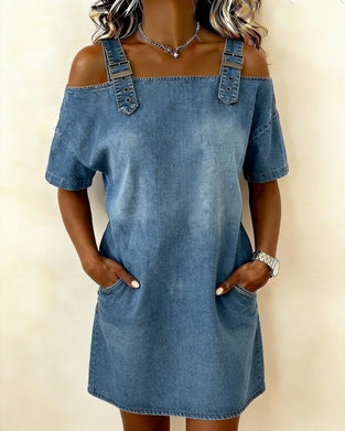 Robe Épaules Dégagées Boutonnée Denim