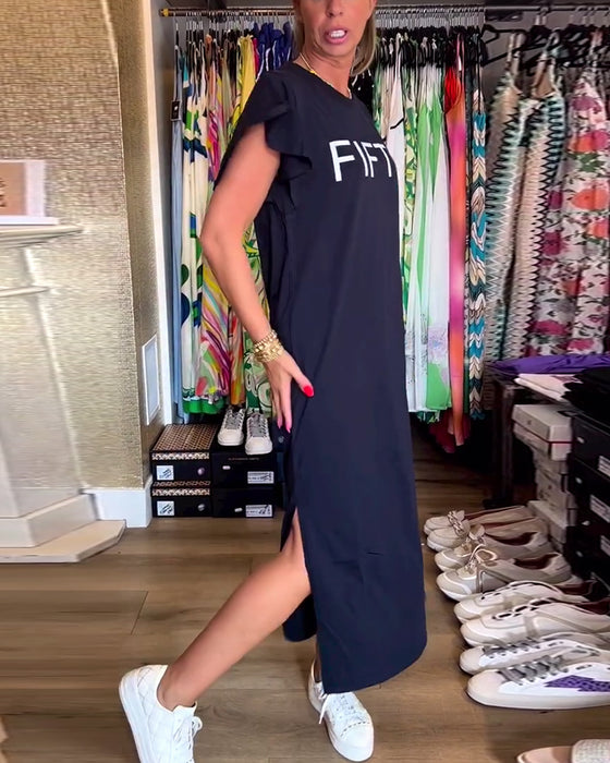 Robe décontractée fendue à manches volantées et imprimé lettre