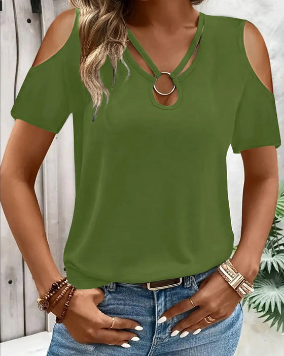 T-Shirt Off-Épaule Anneau Boucle Manche Courte