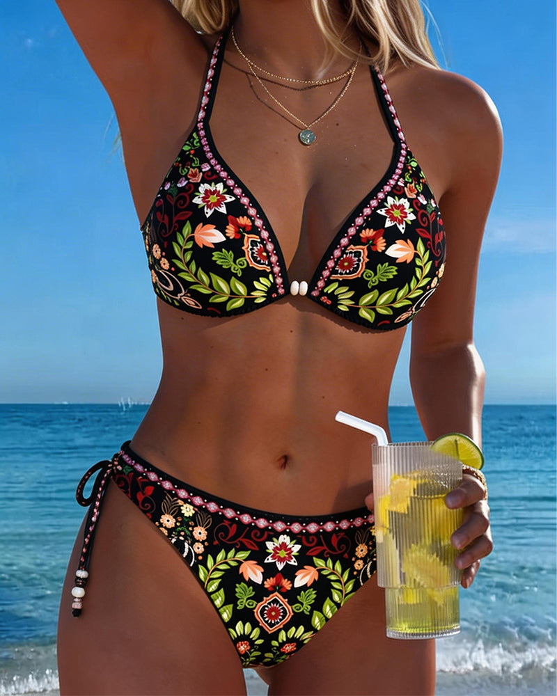Bikini Style Ethnique Floral Encolure Nœud Cou Deux Pièces