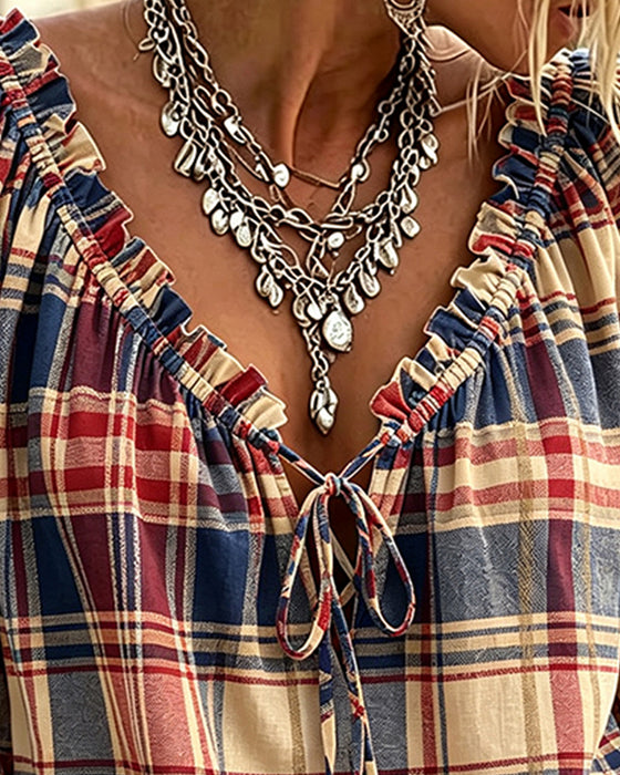 Blouse Col V Attache Carreau