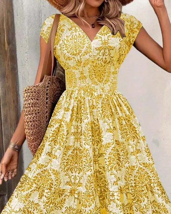 Robe Rétro Imprimé Col En V Taille Cintrée Longue